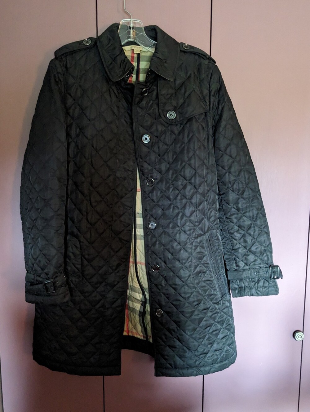 Women's Burnett Quilted Black Long Jacket with Plaid Lining